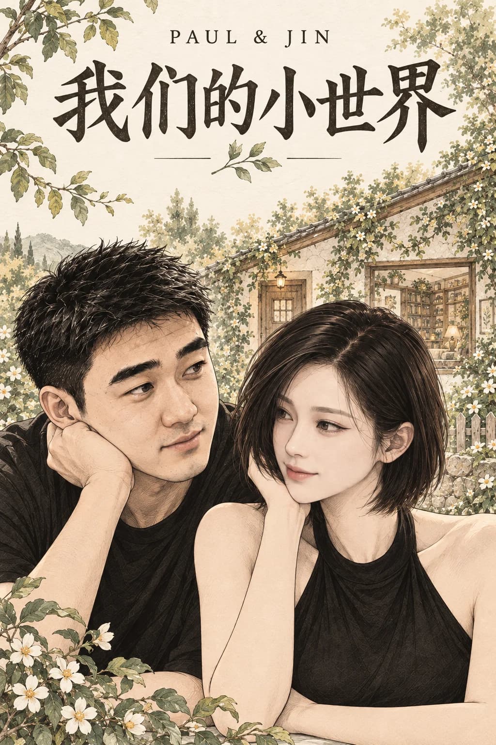 封面：我们的小世界，Paul 与 Jin 以细线稿相望，身后是花园中的小屋